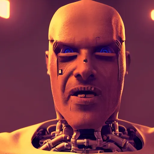 Image similar to portrait of a evil gangsta robot possessed by demon, expression, unreal engine, dramatic cinematic lighting rendered by octane, 8 k, detailed