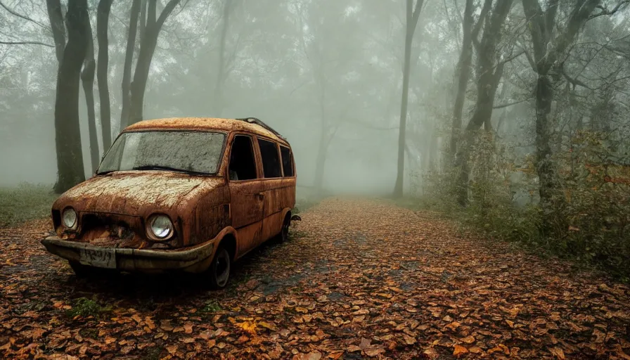 Image similar to a Old rusty van left in a foggy scary forest with leaves falling out of trees, 4k photography award winning,