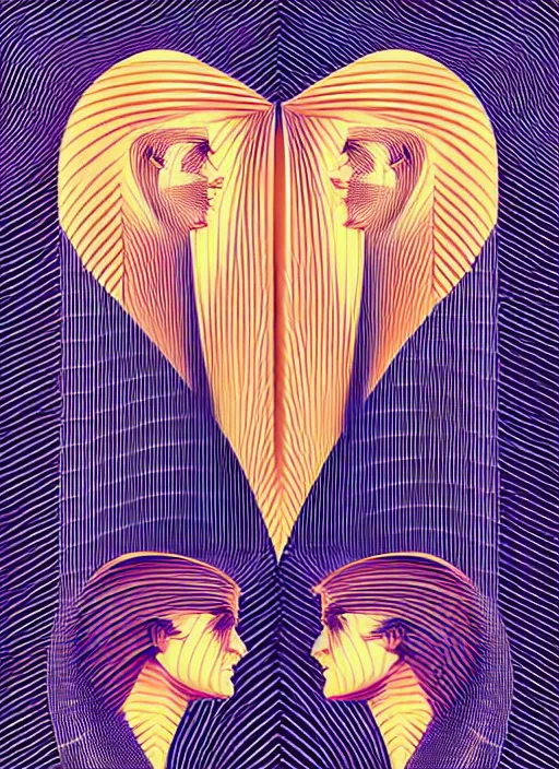 Image similar to vector art by santiago calatrava, perfectly centered symmetrical balanced male and female portrait of man and woman in love sharing one heart. high coherence ; fractal geometrical 8 k ultra hd