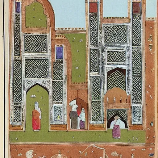 Prompt: “Mughal miniatures of a city plan for a walled city to be built in New Delhi, highly detailed, intricate, very very very detailed”