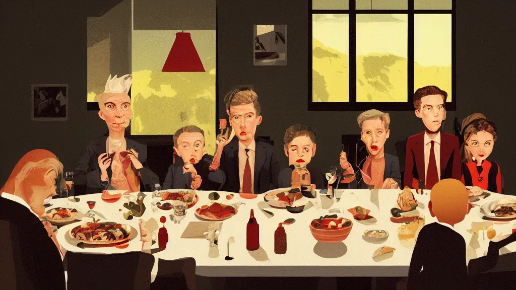 Image similar to Family dinner, in the style of David Lynch, by Wes Anderson, concept art, artstation
