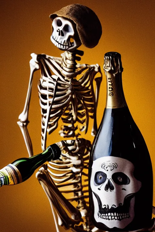 Image similar to a lady skeleton holding a bottle of champagne, high resolution film still, hdr color