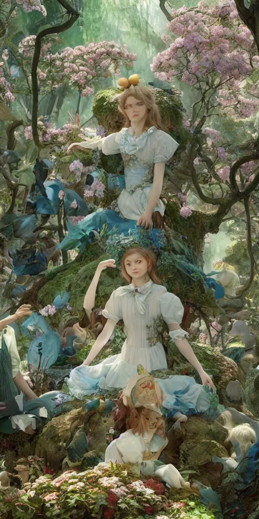 Image similar to Alice in wonderland, masterpiece by Edgar Maxence and Ross Tran and Michael Whelan, gustav dore, 8k, octane render