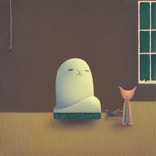 Image similar to a lonely man and a cat, by shaun tan