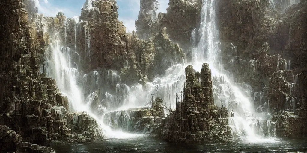 Image similar to Fantastical open landscape by Ted Nasmith, cascading waterfalls, ruined cities, digital painting, concept art, landscape