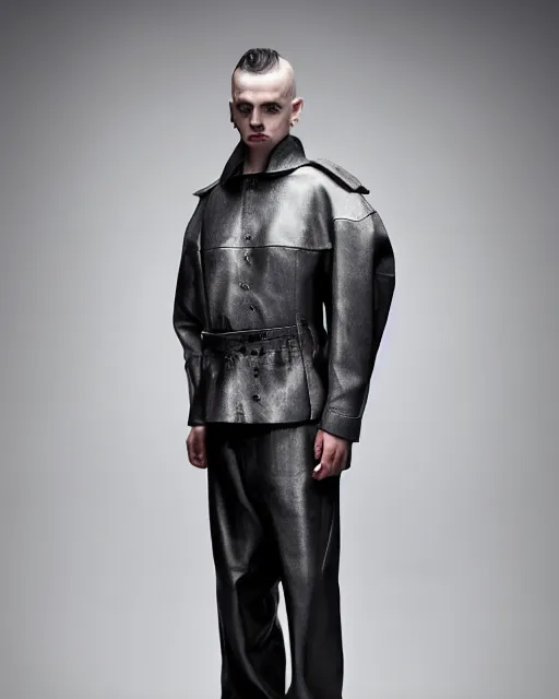 Prompt: a fashion editorial photo of a grey extremely baggy short ancient serbian medieval designer menswear leather jacket with an oversized collar and baggy bootcut trousers designed by alexander mcqueen, 4 k, studio lighting, wide angle lens