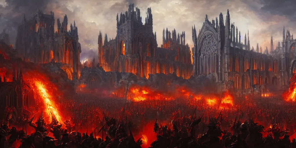 Image similar to highly detailed portrait painting of an ancient gods on hell horses war battle, abbey warhammer battle, old abbey in the background, character in the foreground, cathedrals, giant columns, arcane magic explosions by liang xing, 8 k resolution