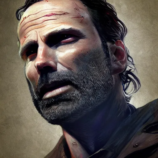 Image similar to rick grimes, portrait, fantasy, medieval, vivid colors, elegant, concept art, sharp focus, digital art, Hyper-realistic, 4K, Unreal Engine, Highly Detailed, HD, Dramatic Lighting by Brom, trending on Artstation