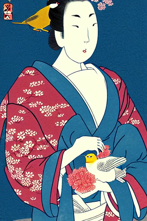 Image similar to a woman in a kimono is holding a bird, a storybook illustration by Yuumei, tumblr contest winner, ukiyo-e, tarot card, storybook illustration, digital illustration