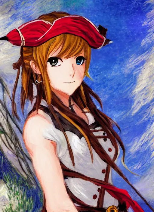 Image similar to a portrait of a female pirate, an in character outfit, very anime in impressionist style, anime trending artwork, 4 k, anime painter studio, by claude monet