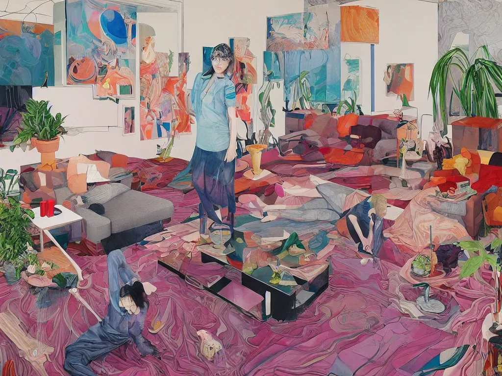 Prompt: One woman start to bounce in a living room of a house, floating dark energy surrounds the middle of the room. There is one living room plant to the side of the room, expressionist painting by martine johanna and moebius