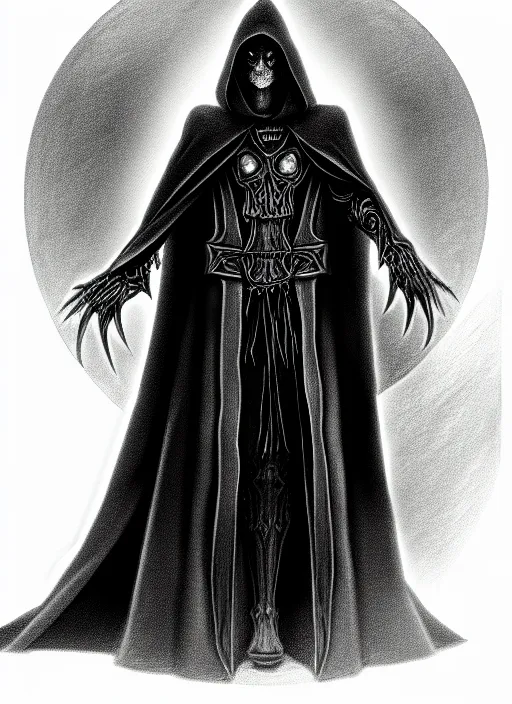 Image similar to pencil ultradetailed sketch of the necromancer, wearing a black cloak, crisp