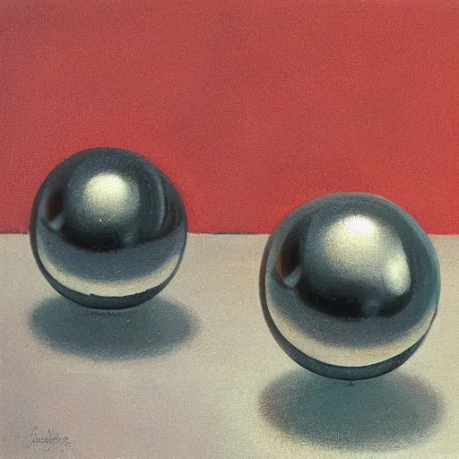 Prompt: chrome spheres on a red cube by gertrude abercrombie