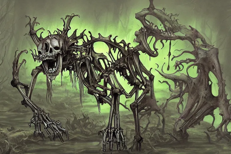 Image similar to D&D Monster, undead skeletal creature covered in slimey ooze, glowing magic irises, heavy fog, eery dead swamp setting