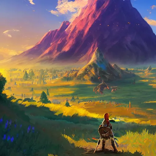 Image similar to oil painting breath of the wild landscape, mountain in the background. beautiful, rpg, dnd, artstation, artgerm, disney, pixar