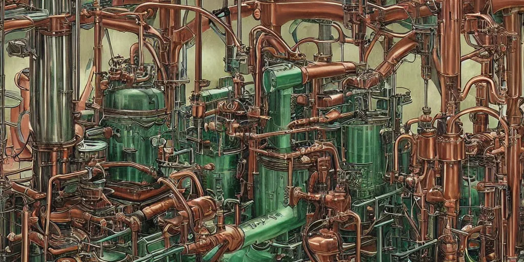 Prompt: machine apparatus for making snake oil, huge copper machine fed by green pipework, art by glenn fabry and wayne barlowe, barrels of snake oil in a hermetically sealed production line