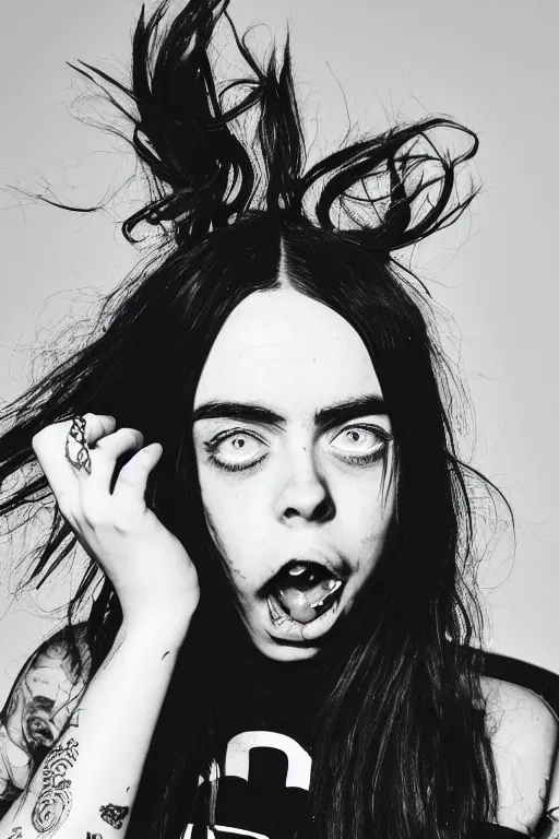 Prompt: black and white photo of Billie eilish with a crustacean crawling out of her mouth