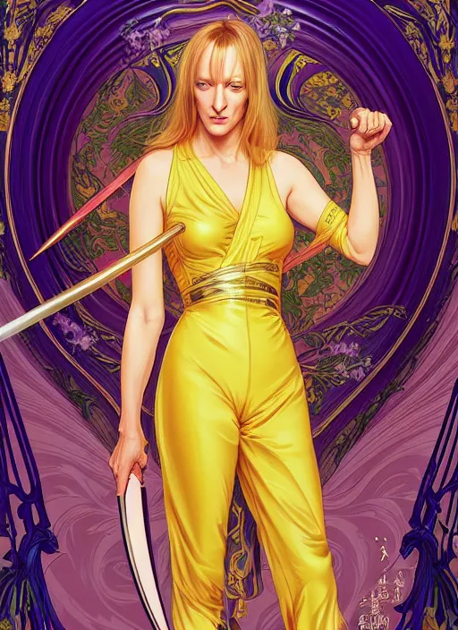 Image similar to uma thurman in kill bill, rococo and art nouveau fusion, iridescent diaphanous refractive and reflective katana, yelliw jumpsuit, highly detailed, deep focus, elegant, digital painting, smooth, sharp focus, illustration, ultra realistic, japanese art by artgerm and alphonse mucha