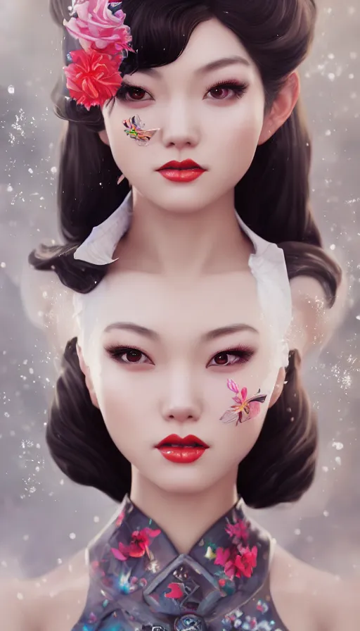 Image similar to a pin up and beautiful fashion and charming and dreamlke asian girl, lv jewelry, art by artgerm & jeehyung lee & wlop, hyperdetailed, 8 k realistic, symmetrical, frostbite 3 engine, cryengine, dof, trending on artstation, digital art