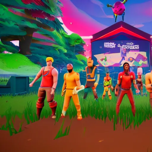 Prompt: Fall Guys vs Among Us battle royale in Fortnite