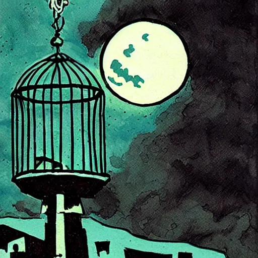 Prompt: seaside prison, heavy ink, moon in sky, green, mike mignola