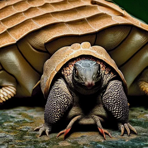 Prompt: a hybrid between a turtle and an armadillo and a pangolin, national geographic photography