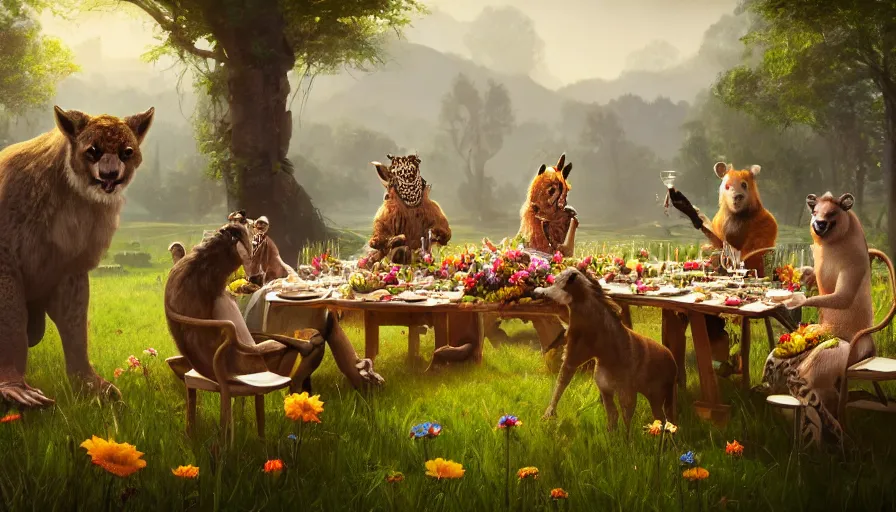 Image similar to a table dinner of exotic animals where animals are dressed like the characters from the midsommar movie wearing flowers, realistic detailed digital art by maxwell boas jessica rossier christian dimitrov anton fadeev trending on artstation cgsociety rendered in unreal engine 4 k hq