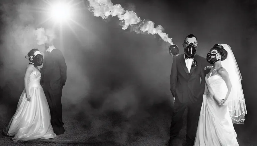 Image similar to disturbing big budget hollywood movie bride and groom wearing gas masks at the marriage of reason and squalor perfect composition dramatic lighting chiaroscuro