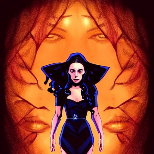 Prompt: beautiful stella maeve magician, black magic spells, in the style of rafeal albuquerque comicbook cover art, phil noto, creepy pose, spooky, symmetrical face and body, volumetric lighting, cinematic lighting, detailed realistic symmetrical eyes, insanely detailed and intricate elegant, autumn leaves, artgerm