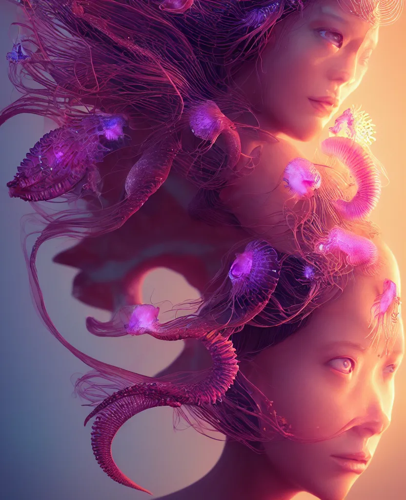 Image similar to goddess close-up portrait. orchid jellyfish phoenix head, nautilus, skull, betta fish, bioluminiscent creatures, intricate artwork by Tooth Wu and wlop and beeple. octane render, trending on artstation, greg rutkowski very coherent symmetrical artwork. cinematic, hyper realism, high detail, octane render, 8k