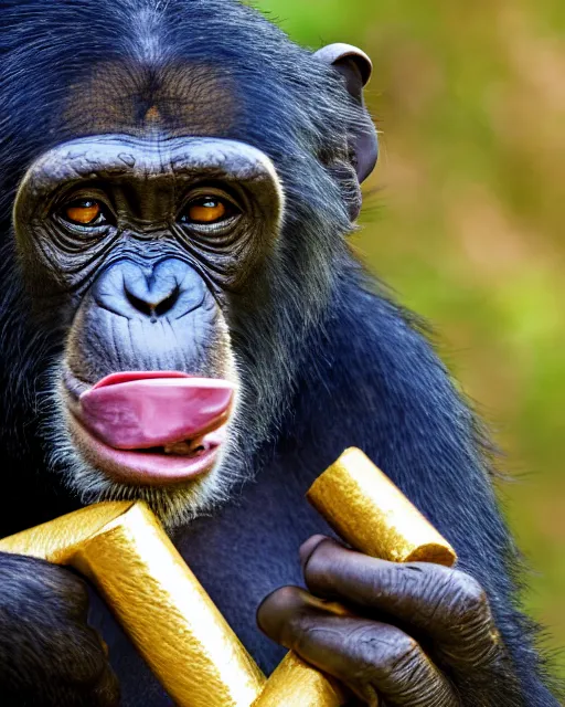 Image similar to gold, blue, photo of a chimpanzee as indiana jones solving a puzzle, big cigarre in mouth, 8 k, 8 5 mm f 1. 8