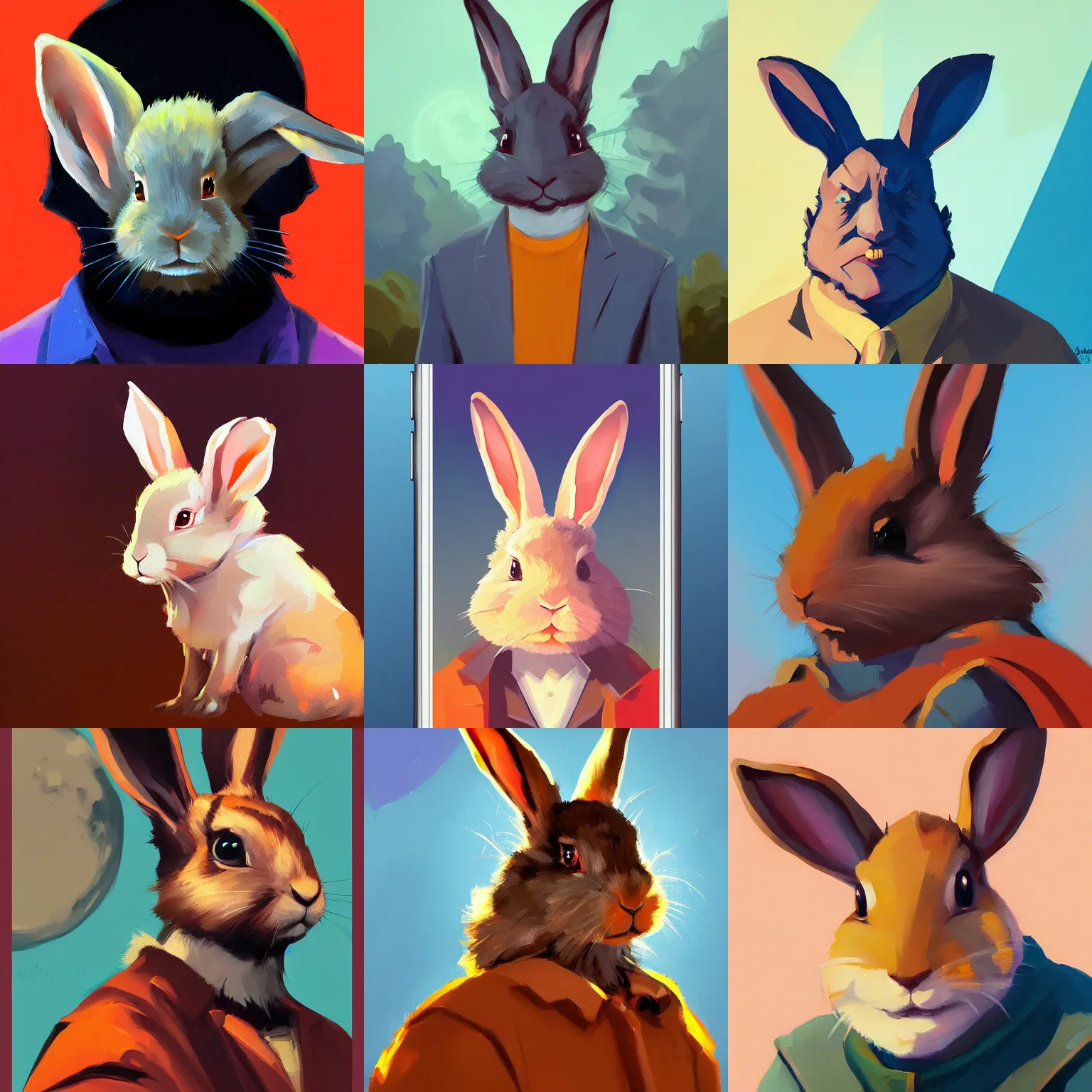 Prompt: cartoony, Greg Manchess portrait painting of a rabbit bunny animal character, head shot, splashscreen, Organic Painting, Matte Painting, bold shapes, hard edges, app icon, moon in background, trending on artstation, by Sachin Teng
