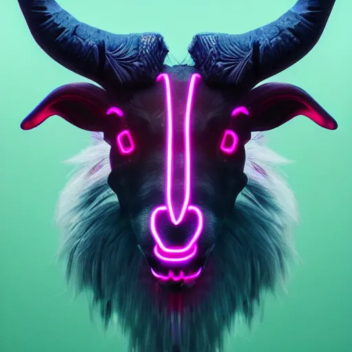 Image similar to synthwave demonic goat face with neon horns, detailed face, sharp focus, synthwave art, aesthetic, octane render, raw, cinematic, chromatic material