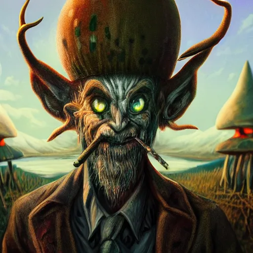 Image similar to 4 k headshot portrait of a psychedelic demonic anthropomorphic wendigo smoking a hand - rolled cigarette smoking heavily, magic mushroom village in background. award winning. superb resolution. in the art style of junji ito and greg rutkowski. detailed mushroom city in background. hyper realistic anime. perfect art. dalle 2