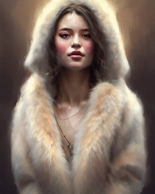 Image similar to a beautiful siberian girl with bear fur coat and decollete | | realistic shaded, unpleasant face, bad looking, fine details, realistic shaded lighting poster by greg rutkowski, magali villeneuve, artgerm, jeremy lipkin and michael garmash and rob rey