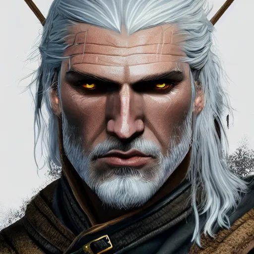 Image similar to Geralt of Rivia, golden eyes, silver hair, wolf pedant, 4k, artstation, cgsociety, award-winning, masterpiece, stunning, beautiful, glorious, powerful, fantasy art