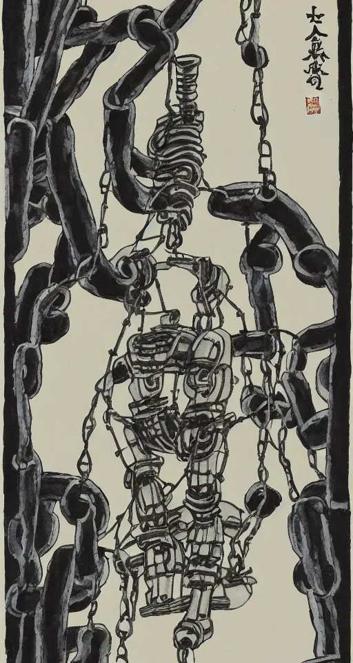 Image similar to a robot hanging by chains upside down peacefully, beautiful Japanese ink painting inspired by the hanged man tarot card, sharp lines