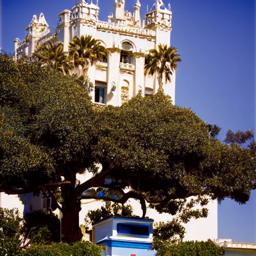 Prompt: Hearst Castle as a tiny home, able to be transported on a trailer. Photographed with Leica Summilux-M 24 mm lens, ISO 100, f/8, Portra 400