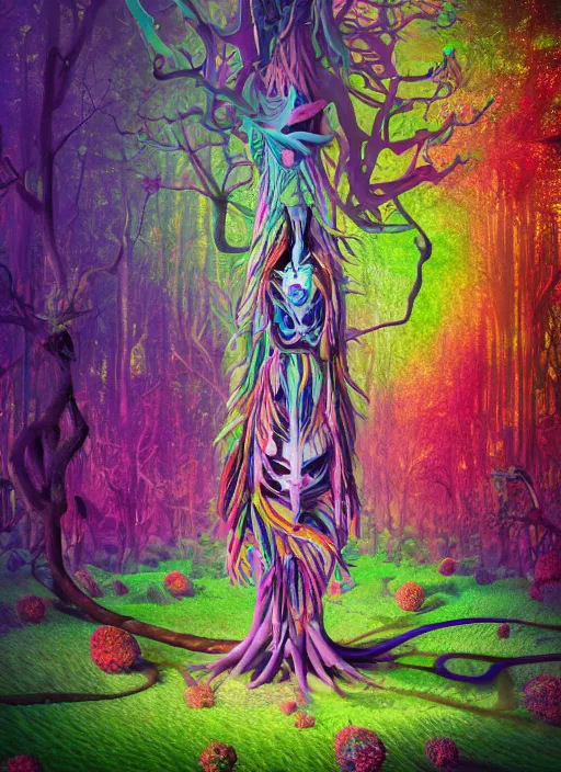 Image similar to a small psychedelic surreal horror giant made of multicolored psychotropic trees and flowers, magical creatures in the chaotic spirit forest, fulcolor octane reminder, cinematic, ultra - realistic, bizarre weird cosmic conceptual tribal art