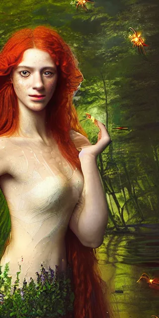 Image similar to young woman, smiling amazed of firefly lights, full covering intricate detailed dress, amidst nature, long red hair, precise linework, accurate green eyes, small nose with freckles, beautiful oval shape face, empathic, expressive emotions, dramatic lights, hyper realistic ultrafine art by artemisia gentileschi, jessica rossier, boris vallejo