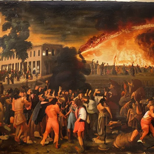 Prompt: the burning of the third precinct in Minneapolis, a Renaissance painting