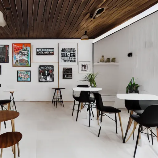 Image similar to photo of a minimalist white cafe interior with arcade machines, and retro posters on the white walls, tall interior