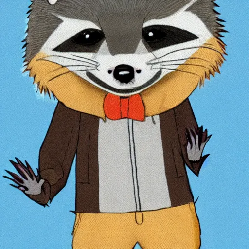 Image similar to anthropomorphic racoon, chibby, male, blue jacket