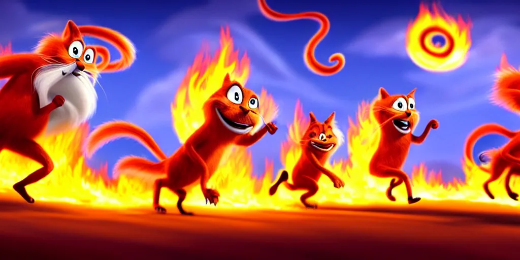 Image similar to cartoon concept art, terrified animal characters running from the fire, spiral clouds, from lorax movie