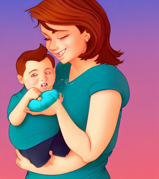 Image similar to a mother with short shoulder length auburn hair, short and curvy and a slightly chubby face holding her infant son with short brown hair full color digital illustration in the style of don bluth, artgerm, artstation trending, 4 k