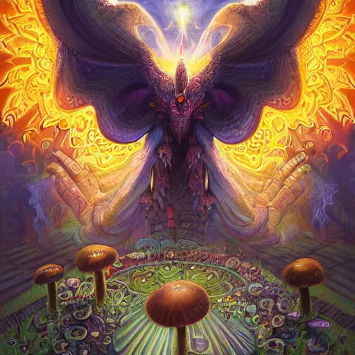 Image similar to 8K Portrait of centered chest up of a psychedelic godlike mothman with giant mandala wings smoking a hand-rolled cigarette smoking heavily , magic mushroom village in background , post-processing , award winning. superb resolution. in the art style of junji Ito and greg rutkowski . Detailed Mushroom city in background. Hyper realistic anime. Perfect art. Dalle2