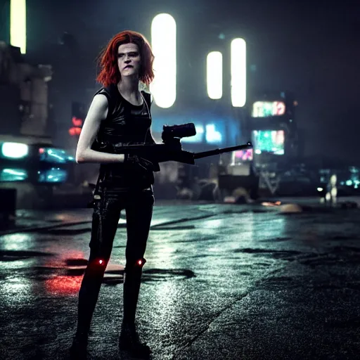 Image similar to rose leslie starring in a cyberpunk movie in a distopic futuristic city in the style of bladerunner, wearing a cropped black tank top, black shorts and black boots, firing a gun, muzzle flash, movie still, highly detailed, rainy night, volumetric lights, dramatic, scifi, sharp focus