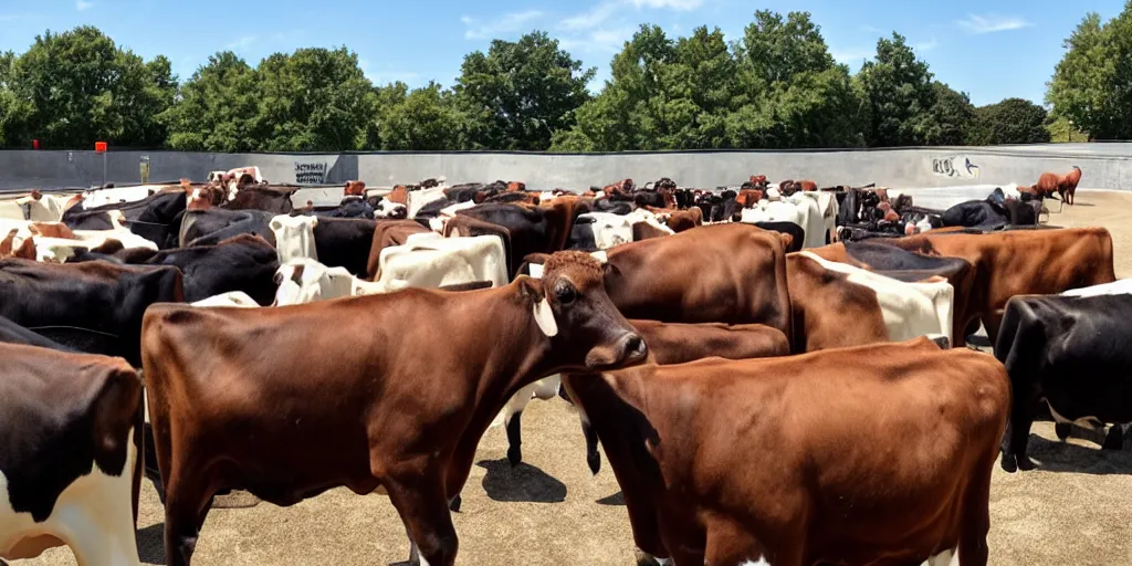 Prompt: a herd of cows in a skatepark