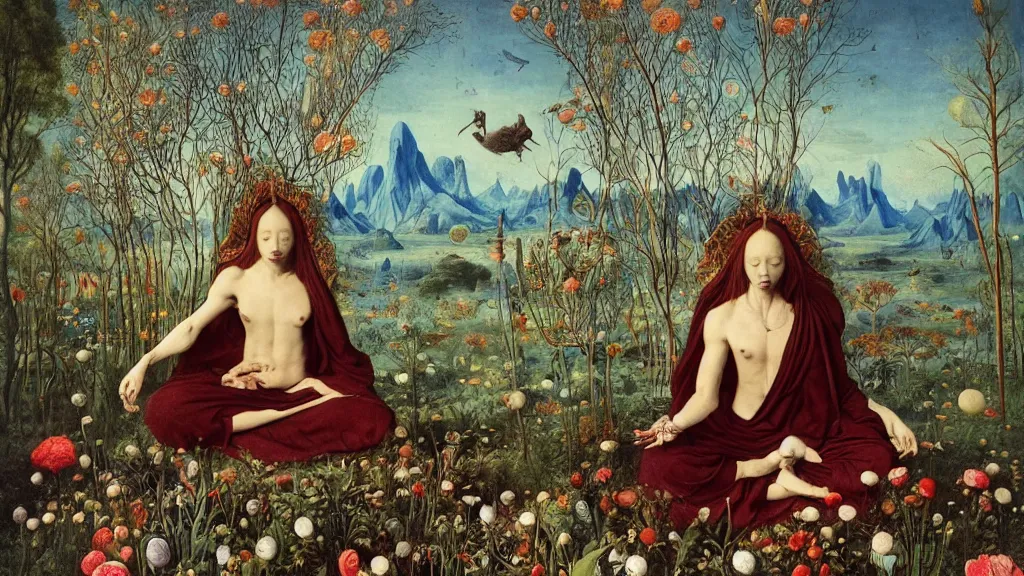 Prompt: a fish eye lense photograph of a meditating druid werewolf surrounded by towering bulbous flowers. wide landscape with mountains, river delta. clear blue sky with stars and birds. painted by jan van eyck, max ernst, ernst haeckel and ernst fuchs. trending on artstation, 8 k, award winning, fashion editorial, mythology, photorealistic, cacti everywhere