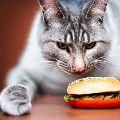 Image similar to fat cat eating a hamburger, dslr photo, high detail, high resolution